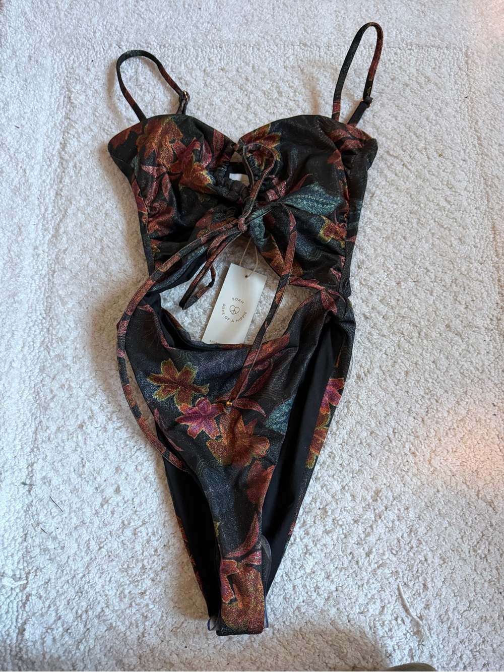 Black Floral Cutout One-Piece Swimsuit with Tie-Front